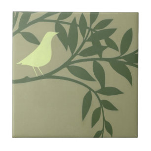 Green Bird Perched on Green Branch Ceramic Tile