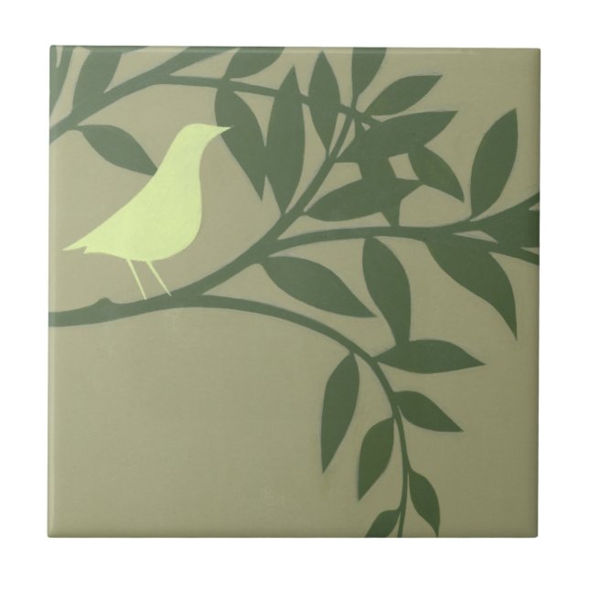 Green Bird Perched on Green Branch Ceramic Tile (Front)