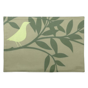 Green Bird Perched on Green Branch Cloth Placemat