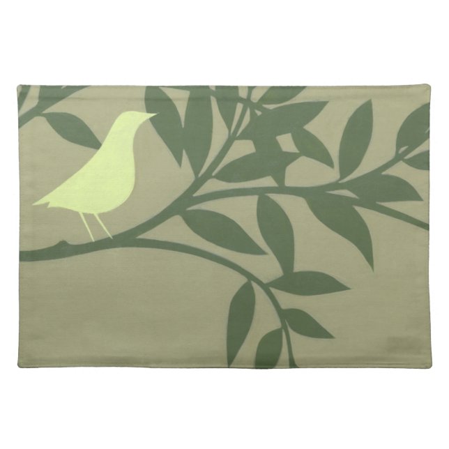 Green Bird Perched on Green Branch Cloth Placemat (Front)