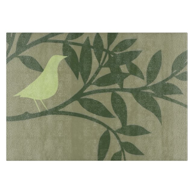 Green Bird Perched on Green Branch Cutting Board (Front)