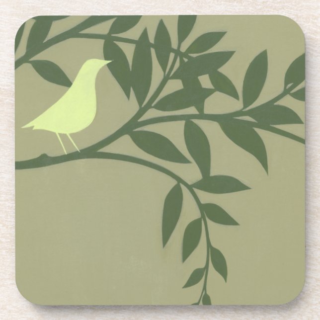 Green Bird Perched on Green Branch Drink Coaster (Front)