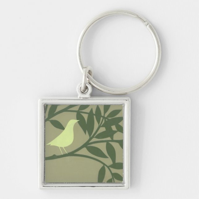 Green Bird Perched on Green Branch Keychain (Front)