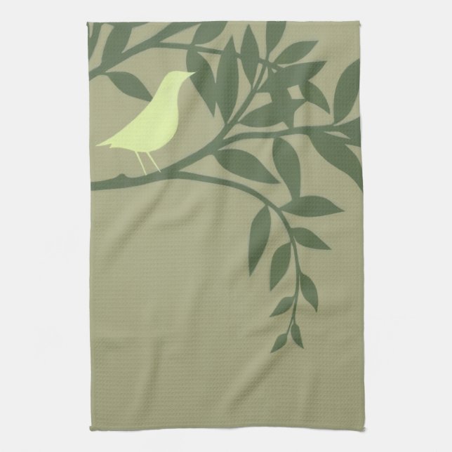 Green Bird Perched on Green Branch Kitchen Towel (Vertical)