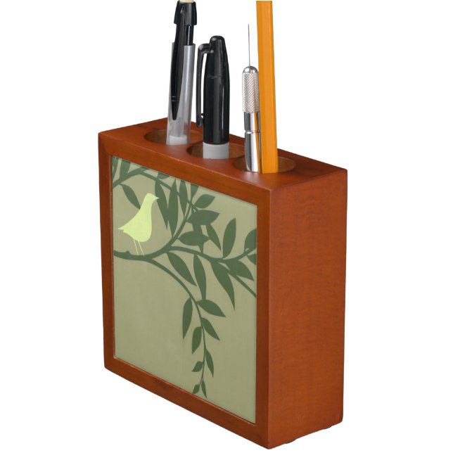 Green Bird Perched on Green Branch Pencil Holder (In Situ)