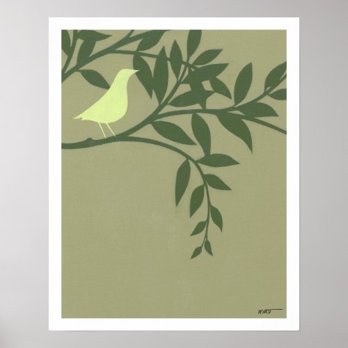 Green Bird Perched on Green Branch Poster