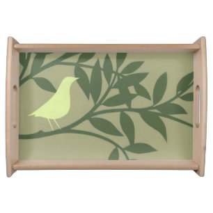 Green Bird Perched on Green Branch Serving Tray