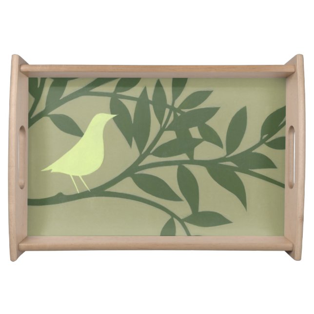 Green Bird Perched on Green Branch Serving Tray (Front)