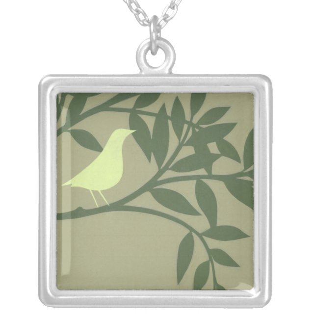 Green Bird Perched on Green Branch Silver Plated Necklace (Front)