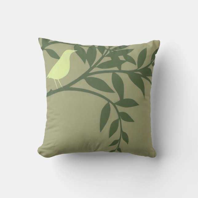 Green Bird Perched on Green Branch Throw Pillow (Front)