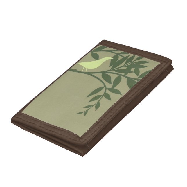 Green Bird Perched on Green Branch Trifold Wallet (Bottom)
