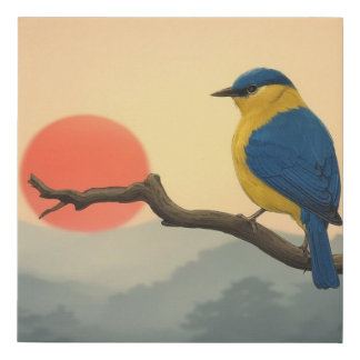 Green Bird with Pink Sunset Faux Canvas Print