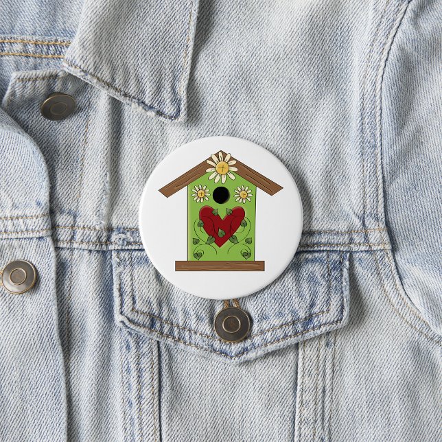 Green Birdhouse with Heart and Daisies  Button (Creator Uploaded)