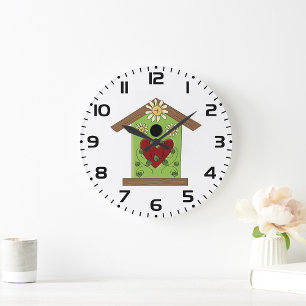Green Birdhouse with Heart and Daisies Large Clock