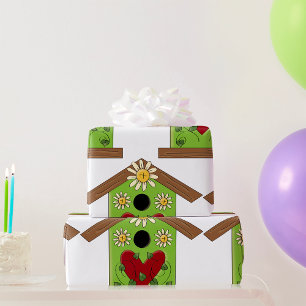 Green Birdhouse with Heart and Daisies Wrapping Paper