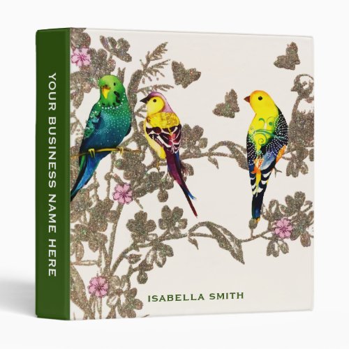 Green Birds Floral Watercolor Silver Glitter 3 Ring Binder