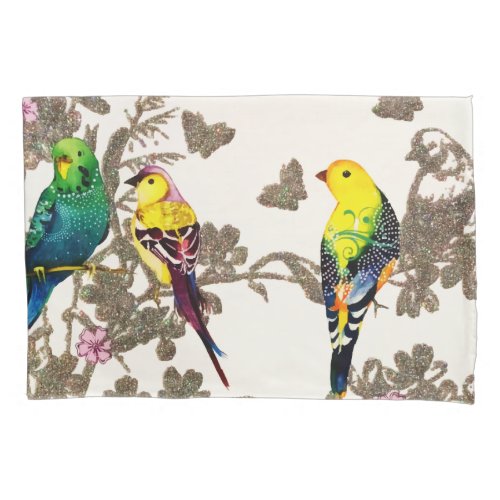 Green Birds Floral Watercolor Silver Glitter Pillow Case