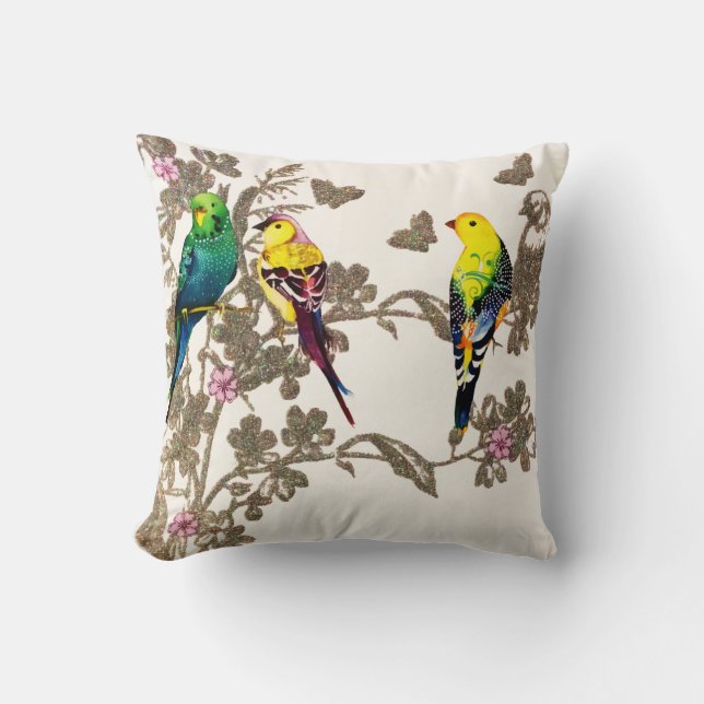 Green Birds Floral Watercolor Silver Glitter Throw Pillow (Front)