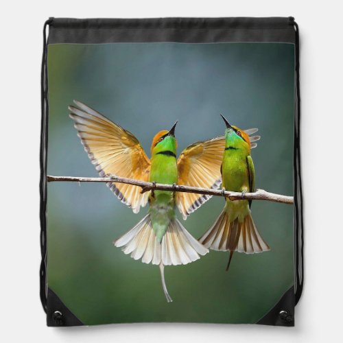 Green Birds Frolic in the Trees Photograph Drawstring Bag