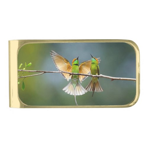 Green Birds Frolic in the Trees Photograph Gold Finish Money Clip