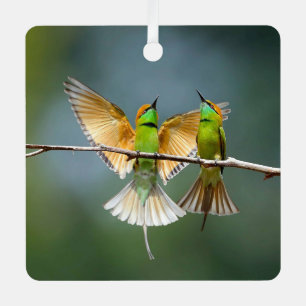 Green Birds Frolic in the Trees Photograph Metal Ornament