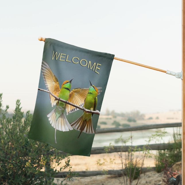 Green Birds Frolic in the Trees Photograph Welcome House Flag (Insitu (Back))