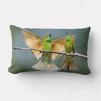 Green Birds Frolic in the Trees Solid Green Lumbar Pillow