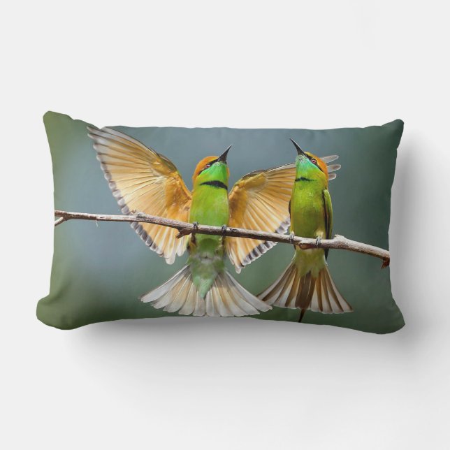 Green Birds Frolic in the Trees Solid Green Lumbar Pillow (Front)
