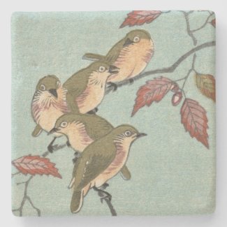 Green Birds | Japanese Fine Art Limestone Coaster