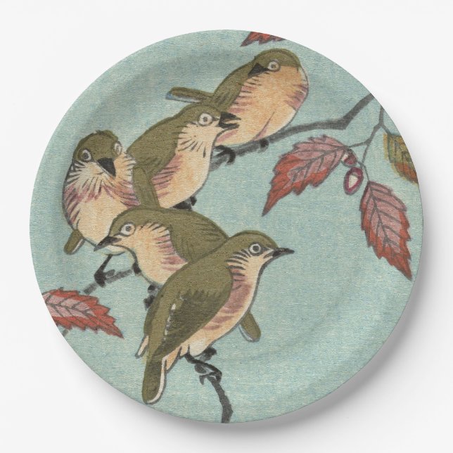 Green Birds Vintage Japanese Fine Art Paper Plates (Front)