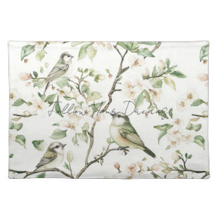 Green Birds White Flowers Tree Cloth Placemat
