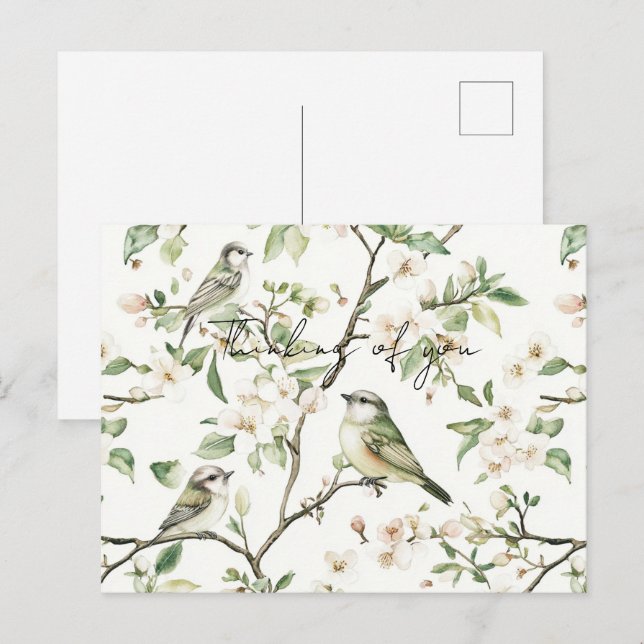 Green Birds White Flowers Tree Thinking of you Postcard (Front/Back)