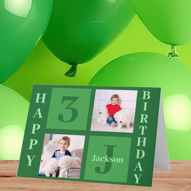 Green Birthday Photo Collage Personalized Kids Card (Creator Uploaded)