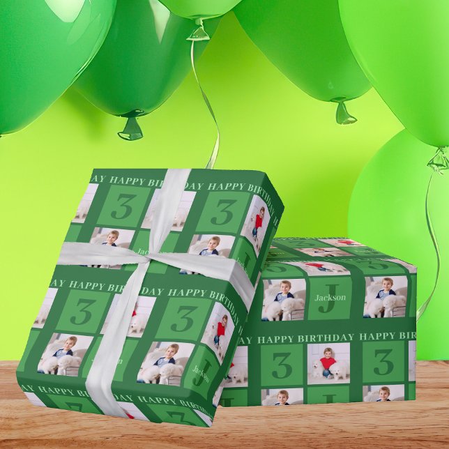 Green Birthday Photo Collage Personalized Kids Wrapping Paper (Creator Uploaded)