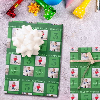Green Birthday Photo Collage Personalized Kids Wrapping Paper Sheets