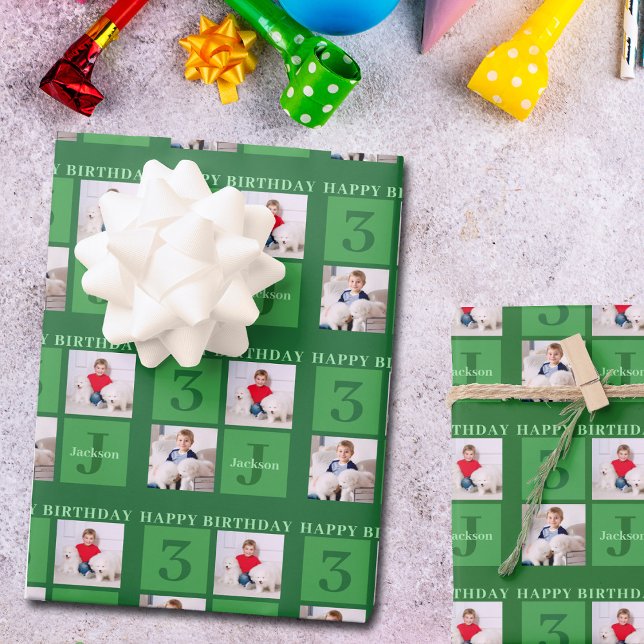 Green Birthday Photo Collage Personalized Kids Wrapping Paper Sheets (Creator Uploaded)