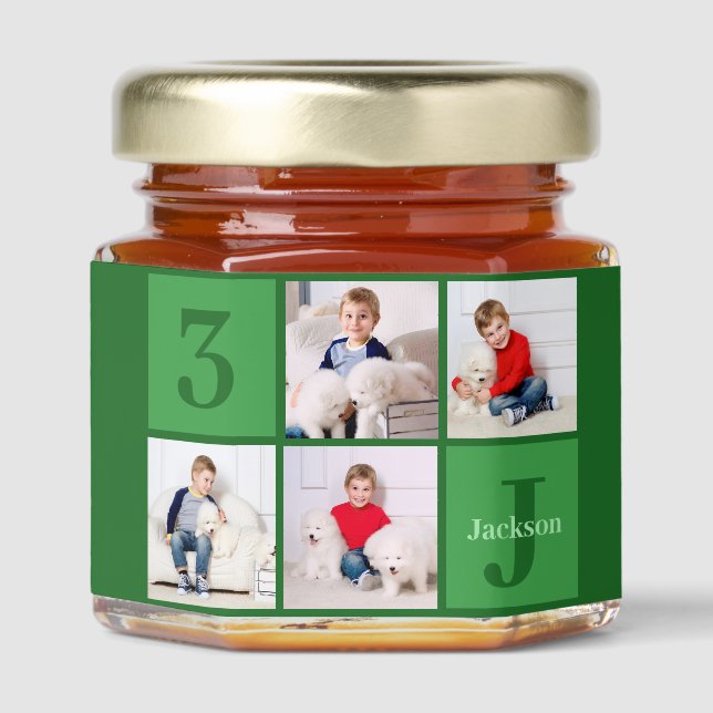 Green Birthday Photo Collage Personalized Party Honey Jar Favors (Front)