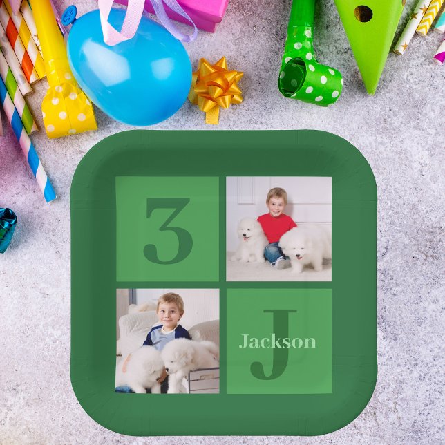 Green Birthday Photo Collage Personalized Party Paper Plates (Creator Uploaded)