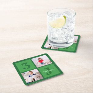Green Birthday Photo Collage Personalized Party Square Paper Coaster