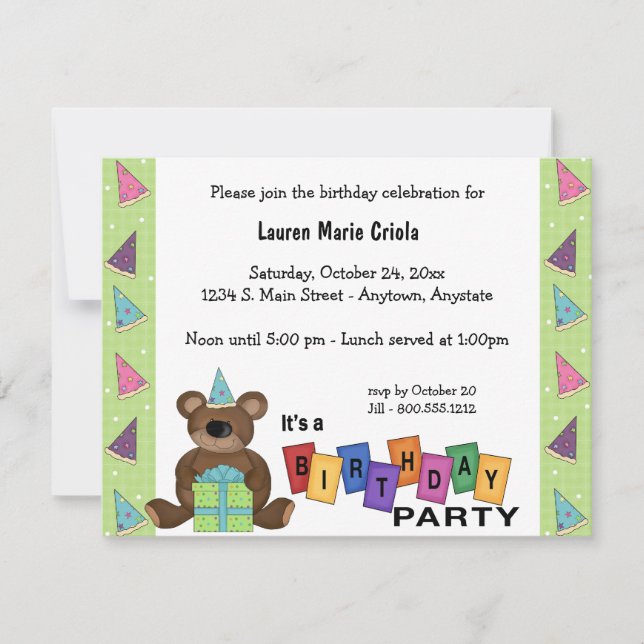 Green Birthday Present Bear Party Invitation (Front)