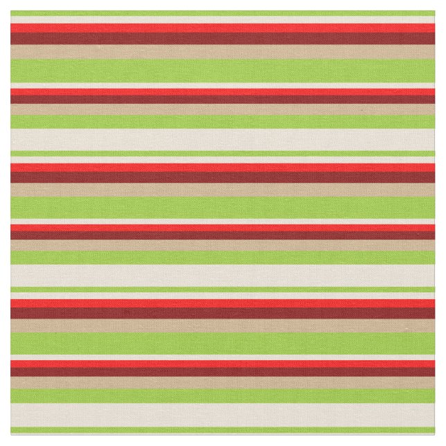 Green, Bisque, Red, Maroon & Tan Stripes Fabric (Close Up)