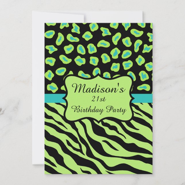 Green Blac  Zebra Leopard 21st Birthday Invitation (Front)