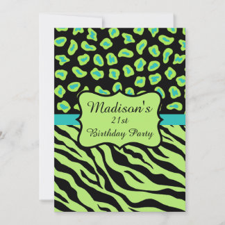 Green Blac Zebra Leopard 21st Birthday Invitation