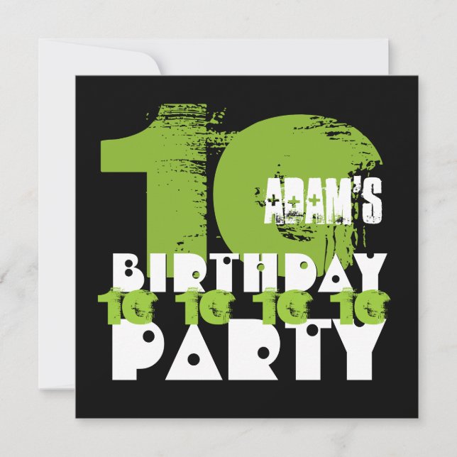 GREEN BLACK 10th Birthday Party 10 Year Old V02B Invitation (Front)