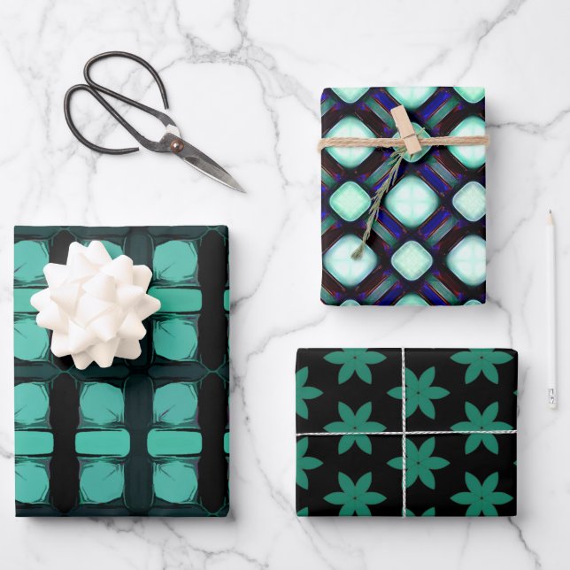 Green Black Abstract Modern Geometric Pattern Wrapping Paper Sheets (Front)
