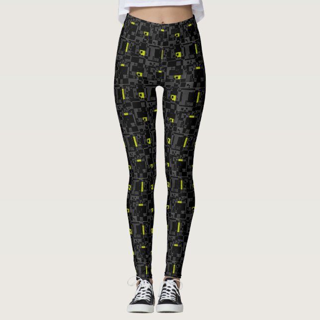 Green Black Abstract Pattern Leggings (Front)