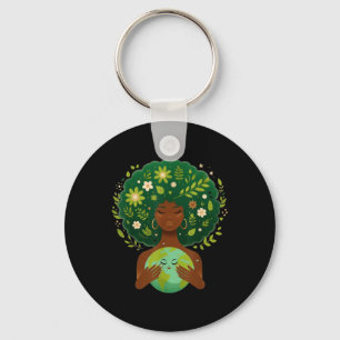 Green Black Afro Mother Earth Day Gaia Save Our Pl Keychain