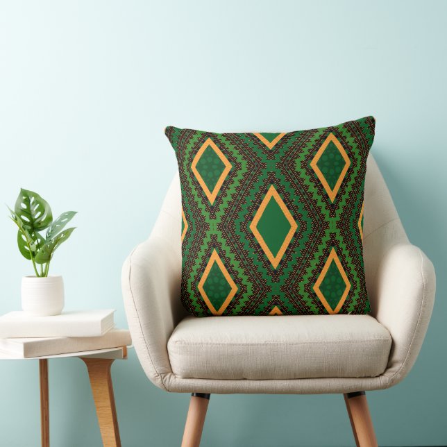 Green Black And Gold Geometric Boho Tribal-Style Throw Pillow (Chair)