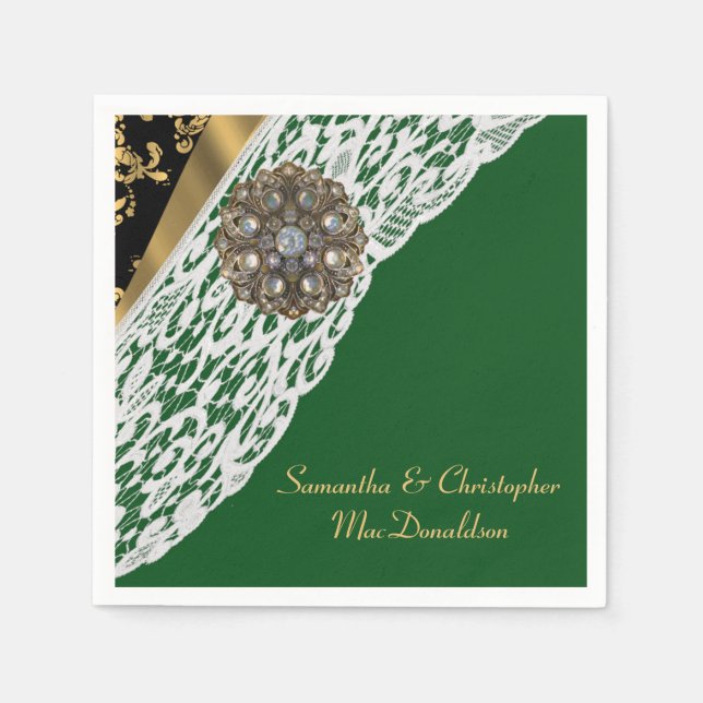 Green black and gold white lace wedding napkins (Front)