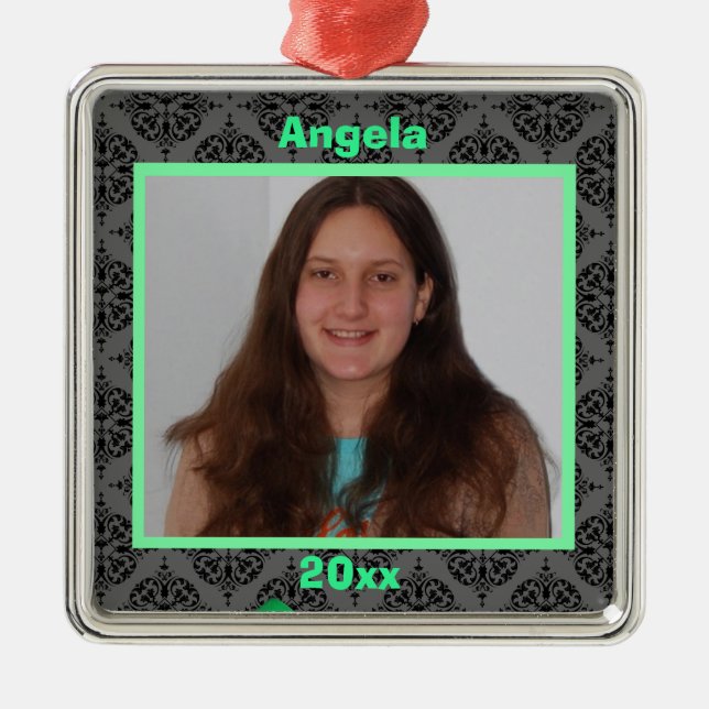 Green Black And Gray Damask Keepsake Ornament (Front)